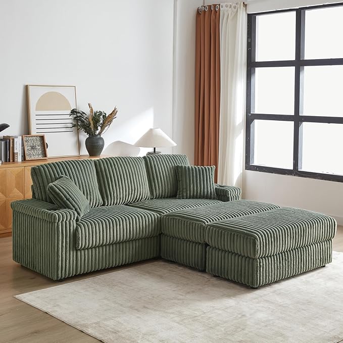 84 Corduroy Modular Cloud Couch with 2 Ottomans Modern Oversized 3-Seater Deep Seat Sofa with Back &amp Toss Pillows Comfy Sofa with 2 Storage Spaces &amp Cup Grooves for Living Room Army Green