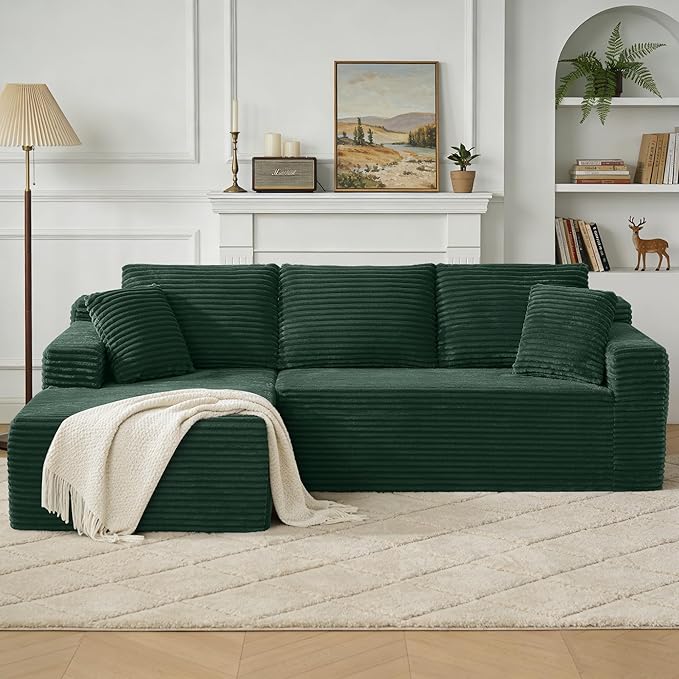 103 W Green Boneless Cloud Sectional Couches for Living Room No Assembly Compressed L Shaped Sofa with Deep Seat &amp Left Chaise Fluffy Corduroy Floor Lounge Sofa for Apartment Office