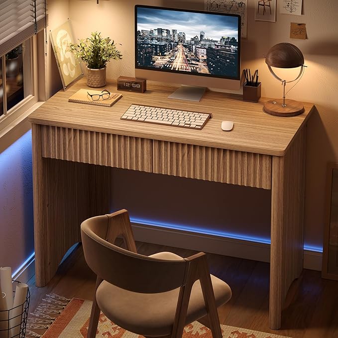 Bestier 40 Inch Fluted Wood Computer Desk with Drawers Modern Home Office Desk Compact Writing Desk Laptop PC Desk for Bedroom Studio Study Room Small Space &amp Dorm