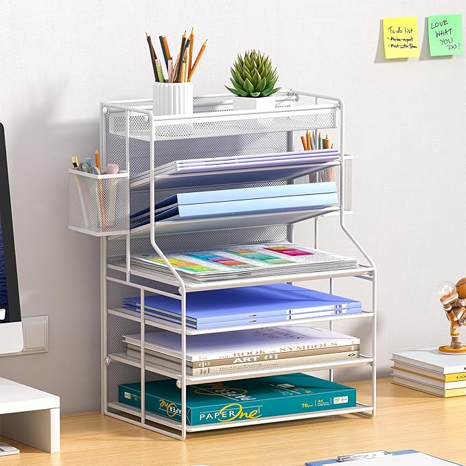 7 Tier Desk File Organizer – Vertical File Organizer for Desk with Removable Pen Holder &amp Adjustable Drawer – Metal Document Organizer for Office Simple Trending Design – White