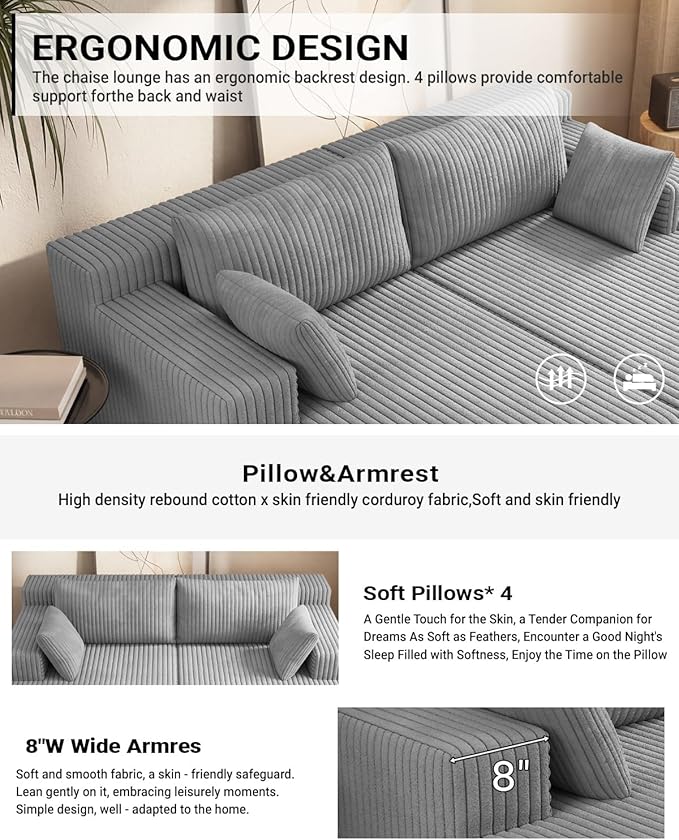 71 Oversized Double Chaise Lounge Sofa Cloud Plush Deep Seat Loveseat Sleeper Couch Upholstered Boneless Corduroy Sofa Bed No Assembly Modern Lounge Chair for Living Room Bedroom Reading (Grey)