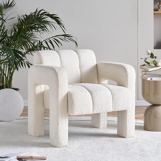 Accent Chair Living Room Chairs Modern Comfy Reading Nook Chair for Bedroom Upholstered Boucle Fabric Side Chair Armchair for Living Room Office (Beige)