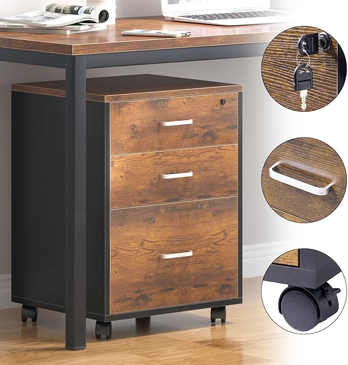 Need 3 Drawer Wood Mobile File Cabinet with LockRolling Filing Cabinet for Letter/A4 Size for Home OfficeRustic Brown ND-10CZLXFC04FG