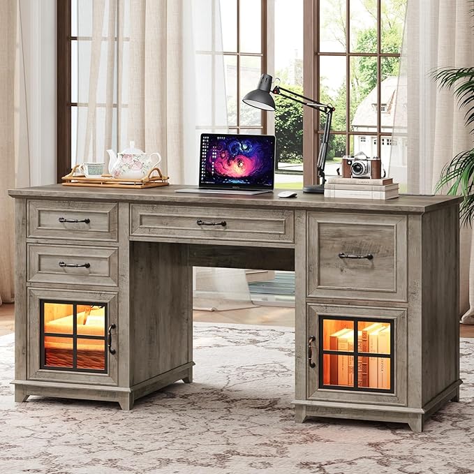 58 Farmhouse Executive Desk Farmhouse Computer Desk with Drawers &amp File Cabinet Wooden Home Office Desk with Power Outlet &amp LED Light Workspace for Study Writing Greige