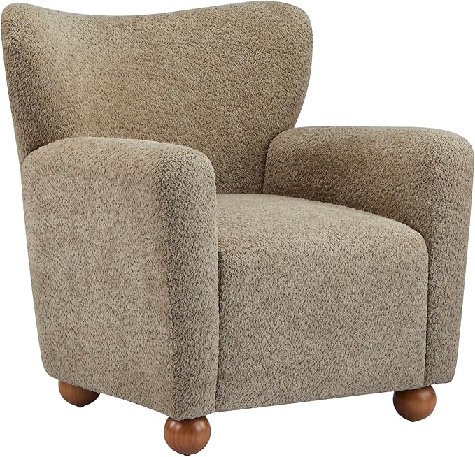 Christopher Knight Home Lindy Wingback Accent Chair Upholstered Armchair with Rounded Wooden Legs Curved Backrest Single Sofa Soft Cushion Seating Comfy Lounge Chair for Living Room Light Brown