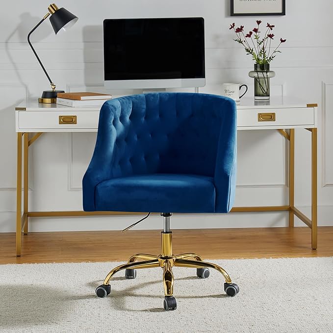 TINA'S HOME Velvet Home Office Chair with Gold Base Comfortable Modern Cute Desk Chair Adjustable Swivel Task Chair for Living Room Bedroom Vanity Study Navy