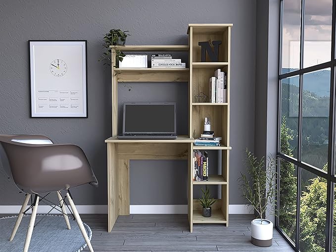 Home Office Desk Writintg Desk Two Superior Shelves Five Cubbies -Light Oak