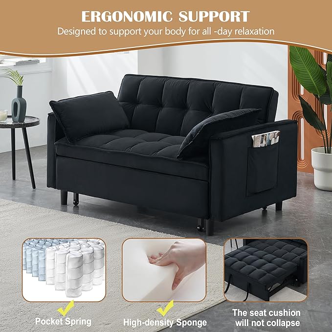 3 in 1 Convertible Sleeper Sofa Bed Modern Velvet Loveseat Pull-Out Couch Futon Love Seat Lounge Sofa with Pull-Out Bed &amp Adjustable Backrest and Side Pocket for Small Apartment Bedroom