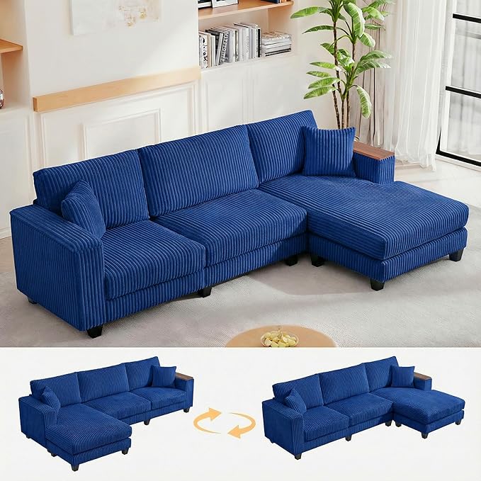 114 Cloud Sectional Couch with L-Shape Reversible Chaise Modern Corduroy L Shaped Couch with 2 Pillows &amp Storage Armrests 4 Seater Sectional Couches for Living Room Plush Corduroy Blue