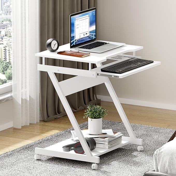 Need Rolling Computer Desk Mobile Desk Laptop Stand Desk with Sliding Keyboard for Home Office23.6 Inches White DX-8110WT-ND