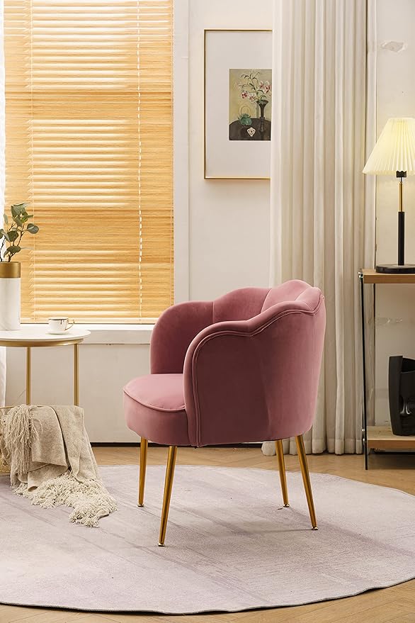 Shell Shape Velvet Fabric Armchair Accent Chair with Gold Legs for Living Room BedroomPink