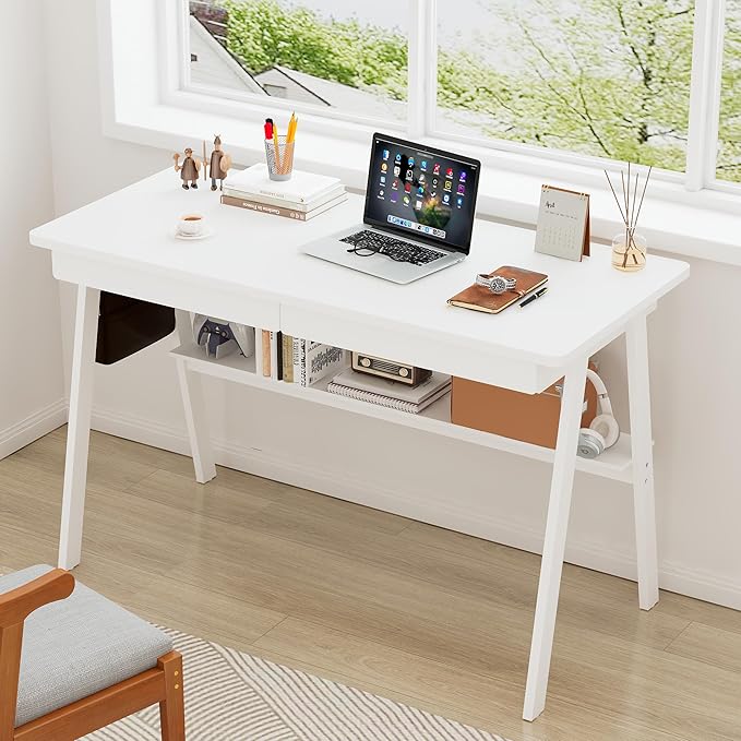 Solid Wood Desk with Drawers - 47.2 Inch Writing Desk with Drawers &amp Storage Shelf Simple Modern Study Table Home Office Computer Desks for Bedroom &amp Home White Desks