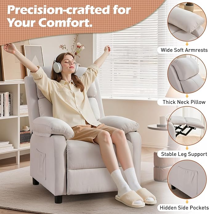 Recliner Chair Living Room Chairs for Adults Padded Deep Seat Reading Chair with Side Pockets Small Recliners for Small Spaces Lounge Chair for Living Room Bedroom and RV (Linen)