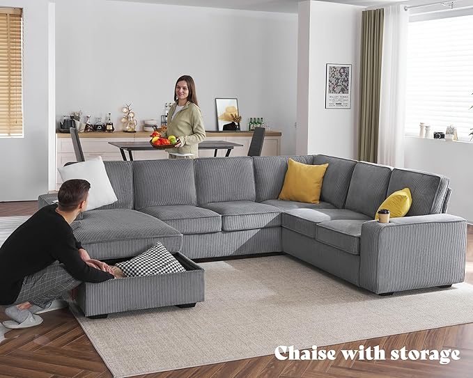 PaPaJet Oversized Sofa 112 inch U Shaped Sofa with USB Ports Sectional Couch with Storage Chaise Corduroy Grey
