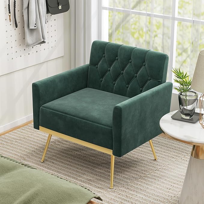 Giantex Modern Velvet Accent Chair - Mid-Century Upholstered Single Sofa Chair w/Button Tufted Back Golden Metal Legs Adjustable Foot Pads Comfy Living Room Armchair for Bedroom Dark Green