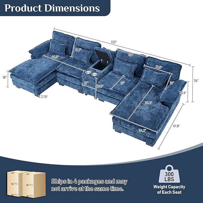 OUYESSIR U Shaped Cloud Sectional Couch 132 Fluffy Modular Sofa Set with Double Chaise Lounge Central Console &amp USB Port Comfy Chenille Big Sectional Couches for Living Room Dark Blue