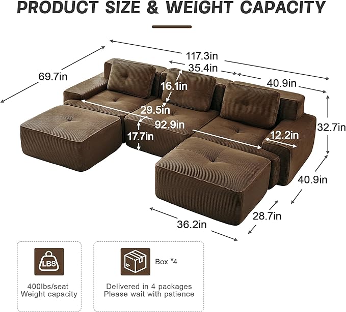 Boneless Couch Modular Sectional Sofa 117 Modern Cloud Couch with Deep Seat Comfy Corduroy U Shaped Sectional Couches for Living Room 3 Seater Tufted Floor Sofa with Movable Ottoman Brown