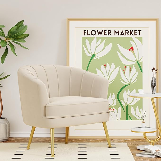 Velvet Accent Chairs for Living Room Bedroom Office Leisure Upholstered Single Sofa Chair Arm Chair Comfy Chair Reading Club Coffee Chair with Metal Legs Beige