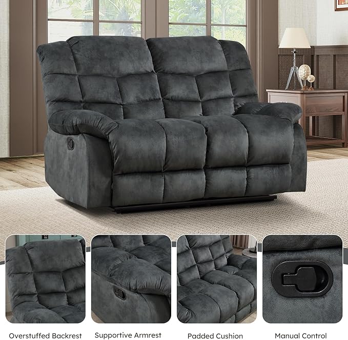EBELLO Manual Loveseat Recliner for Living Room Extra Wide Modern Overstuffed 2 Seat Reclining Couch Sofa Breathable Fabric and Padded Cushion Grey Green