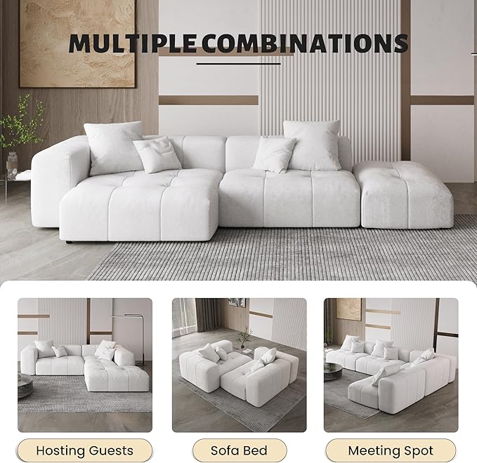 WJShome 119 Inch Cloud Couch Modular Sectional Sofa with OttomanLinen Deep Seat with Pillows Couches for Living Room Bedroom and ApartmentWhite