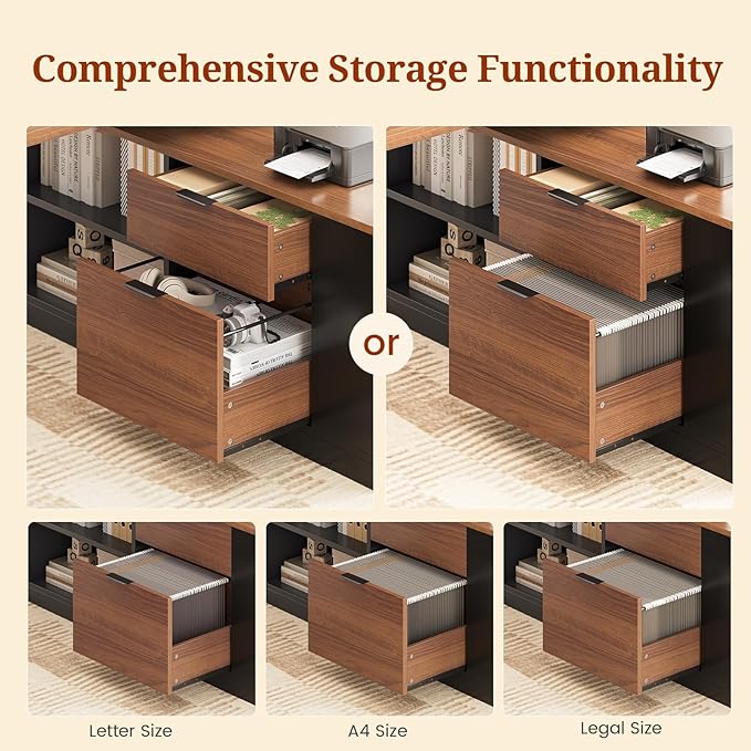 L Shaped Standing Desk Adjustable Height 53 Electric Office Desk with File Drawers &amp Storage Shelves Sit Stand Corner Computer Desk with Power Outlets Pegboard 6 Hooks Black &amp Walnut