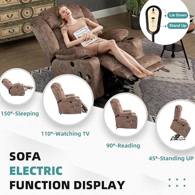 MEETWARM Large Power Lift Electric Recliner Chair with Extended Footrest for Big Tall Man Overstuffed Wide Recliner with Heat and Massage 2 Remote Controls/4 Side Pockets/USB Ports(Plush-Brown)
