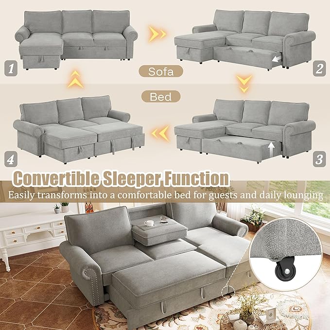95 Convertible Sofa Bed Sectional Sofa Sleeper with Storage Chaise Pull-Down Backrest with 2 Cup Holders Arc Armrests with Nailhead Trim Polyester Fabric Acacia Wood Frame (Grey-12s)