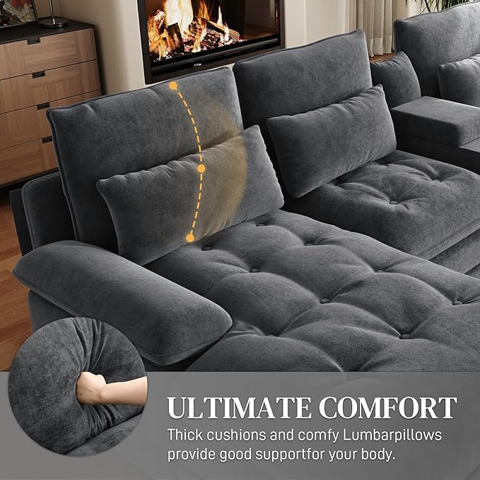 OUYESSIR 134 Oversized Grey Sectional Couches for Living RoomFluffy Couch with Chaise Lounge&ampTufted Buttons U Shaped Living Room Sofa Set FurnitureChenille 6 Seater Couch with Storage Console