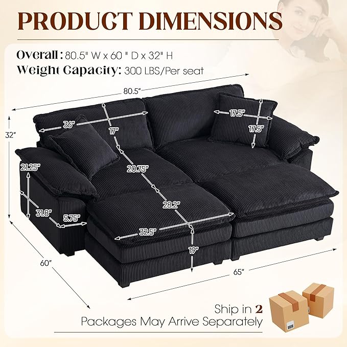 Oversized Chaise Lounge Chair Indoor with Ottoman 80.5W Corduroy Upholstered Modern Loveseat Sofa Deep Seat Modular Sectional Cloud Couch Sofa Comfy Reclining Sleeper Chair for Living Room Black