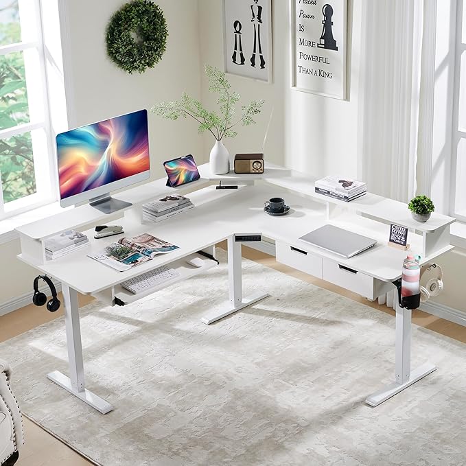 RedLemon Electric L Shaped Standing Desk 60 Motor Height Adjustable Sit Stand Corner Desk with Led Large Home Office Desk Computer Workstation Antique White