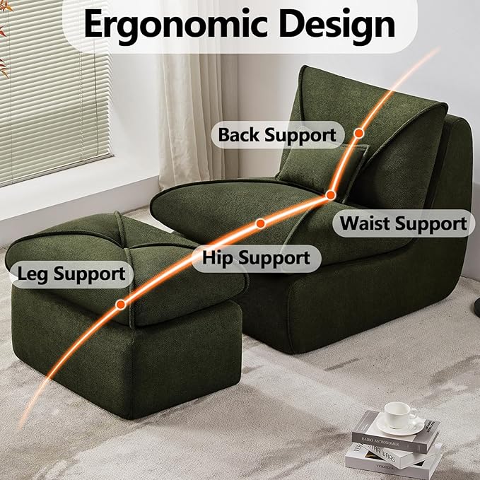 29” Oversized Lazy Sofa Chair and Ottoman Set Chaise Lounge Chair Indoor with Pillows Comfy Reading Couch for Adults Suitable for Living Room Small Spaces Memory Foam Chenille (Green-1)