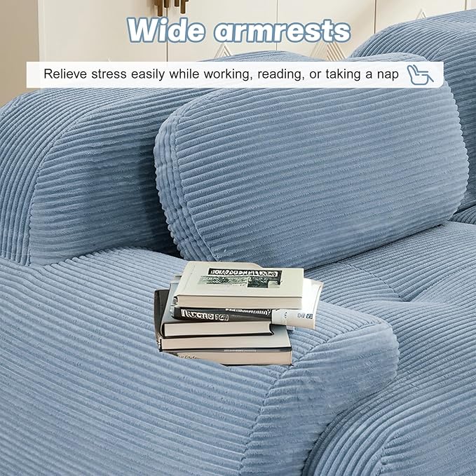 152 Modern Compressed Boneless Couch 4 Seater Sectional Couches for Living Room Blue Corduroy Cloud Modular Sectional Sofa Comfy Memory Foam Extra Deep Sofas para Sala No Assembly