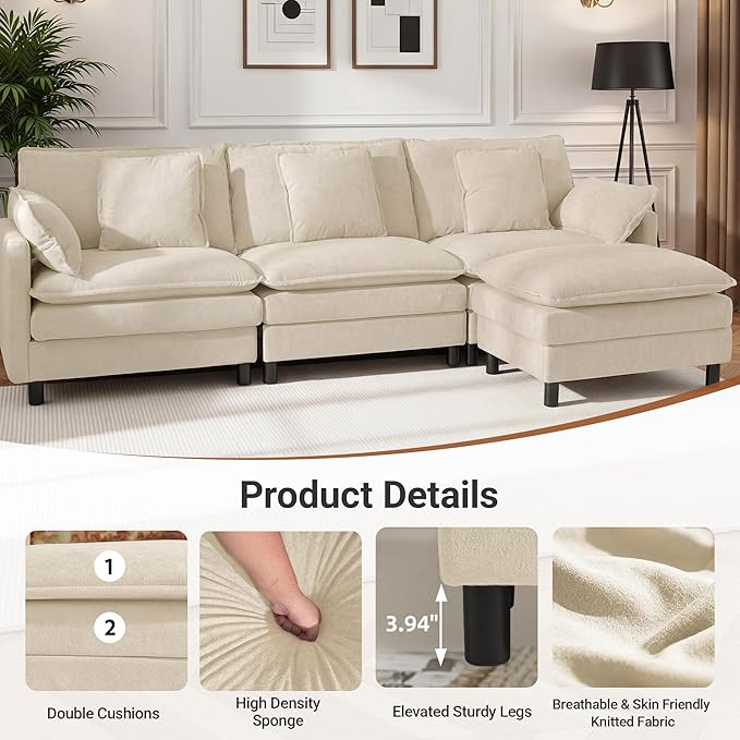 110 U-Shaped Modular Sectional Couch Modern Cloud Couch with Ottoman 5-Seat Chenille Sofa with Pillows Deep Seat Comfy Couch for Living Room Bedroom Beige