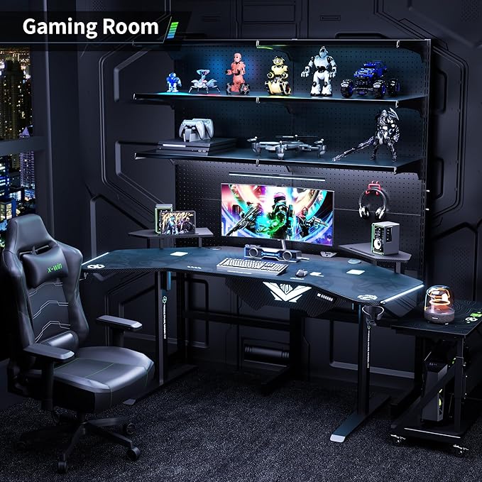 72 Standing Gaming Desk with Dual Motor Wing-Shaped Computer Desk with Full Coverage Mouse Pad Electric Height Adjustable Standing Desk with RGB LED Lights and Slot Design Shelves