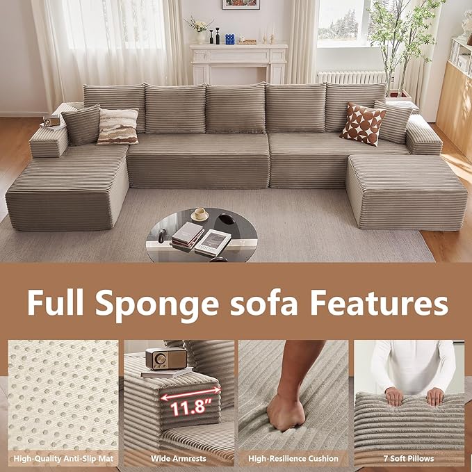 Cloud Modular Sectional Sofa for Living Room167x69.7 Oversized U-Shaped Couch with 7 PillowsBig Comfy Couches SetFluffy Corduroy Sofa with Ottoman &amp ChaiseNo Assembly(CamelLeft-Facing Chaise)