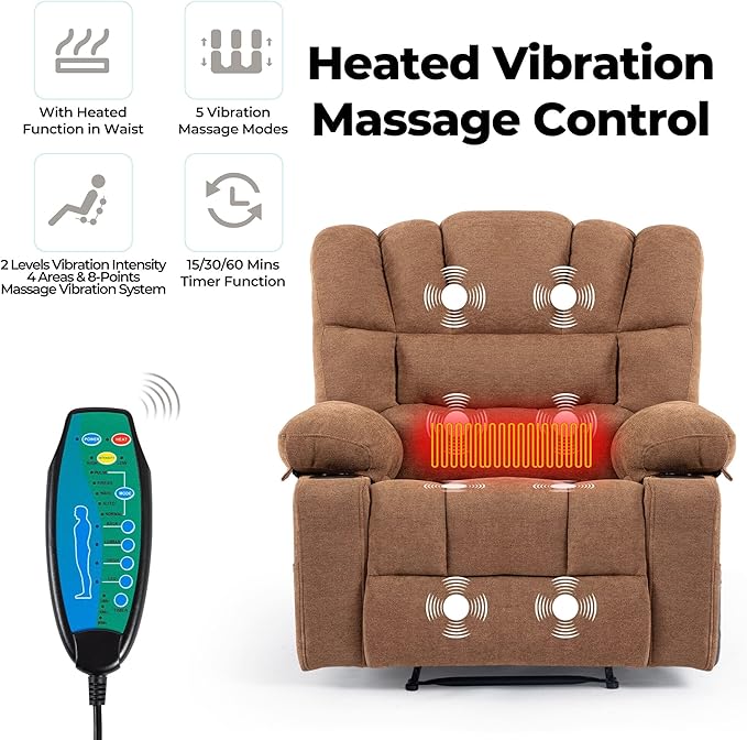 Massage Chair Recliner with HeatManual Recliner Chair for AdultsLazy Boy Recliner Chair with Cup Holder2 PocketsAdjustable BackrestFootrestOversizedHeavy Duty (Brown1)