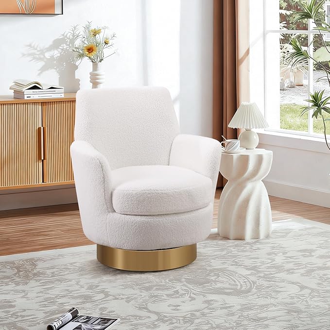 SLEERWAY 360° Swivel Barrel Chair Set of 2 28.3 Modern Teddy Round Accent Chair Comfy Upholstered Small Armchair with Gold Metal Base for Living Room Bedroom Nursery Office Sillas para Sala Ivory
