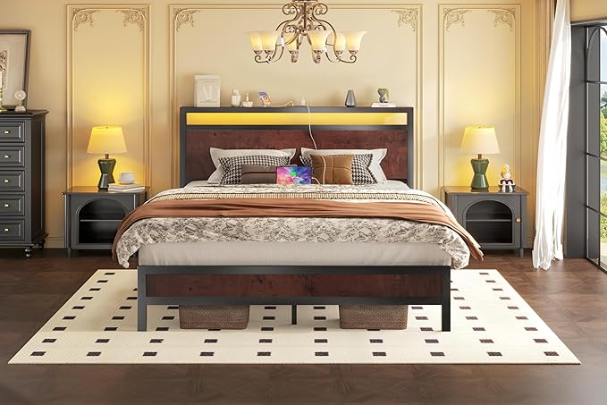 Queen Bed Frame with Headboard &amp Footboard Bed Frame with Built-in Charging Station &amp LED Light Storage Shelf Noise-Free No Box Spring Needed Easy Assembly Coffee Brown