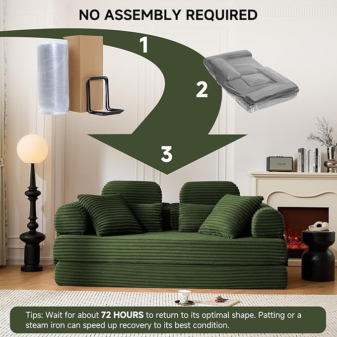 79 Sofa Bed Deep Seat 32 Sleeper Sofa 5-in-1 Convertible Sofa Bed Boneless Couch in a Box Corduroy Floor Futon with Thickened backrest and Headrest Pillows Side Pockets Dark Green