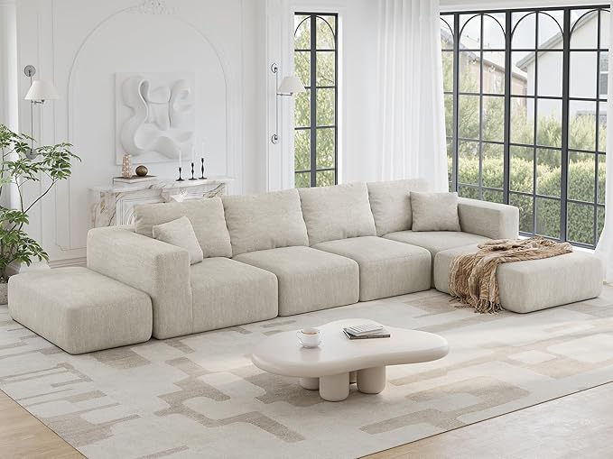 CUGOAO 152'' Modern Boneless Couch Oversized 2-in-1 Modular Sectional Sofa Bed Extra Deep Seat Upholstery Cloud Couch Boneless Couches for Living Room No Assembly Required Beige Chenille