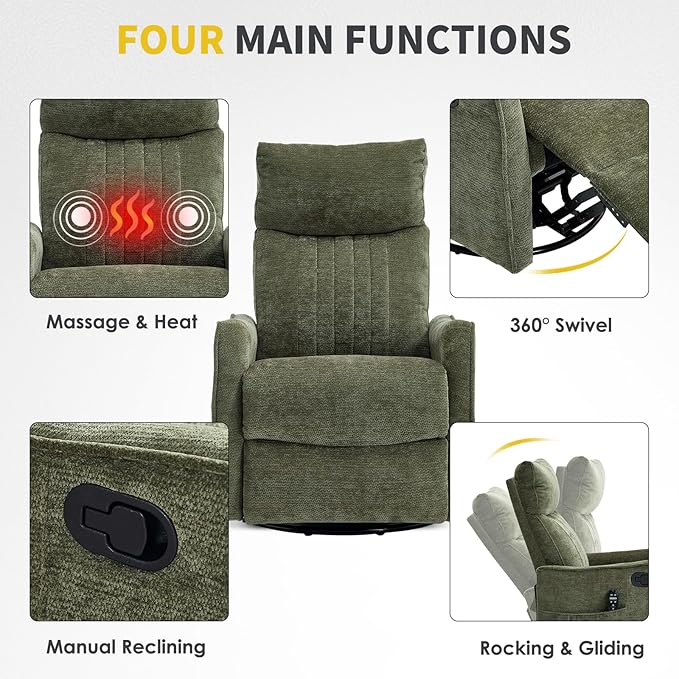 Swivel Rocker Recliner Chair 360° Swivel Recliner with Heat and Massage Rocker Recliner Nursery Glider Chair with Side Pockets for Living Room (Olive Green Fabric)