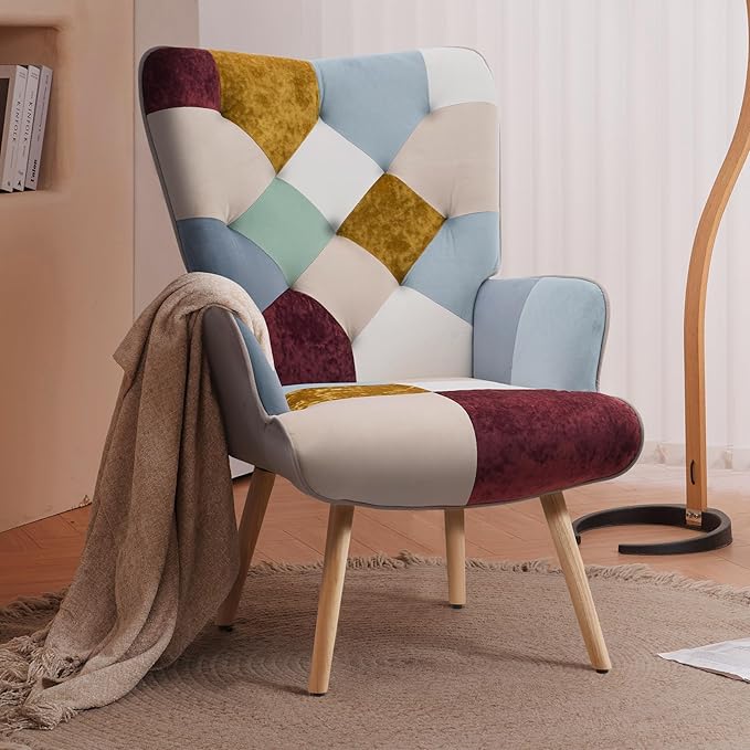 Joysoul Living Room Accent Chair Modern High Back Arm Chair Golden Burgundy Bohemian Style Chairs for Bedroom Waiting Room
