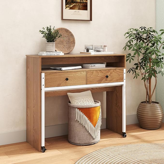 Giantex Small Computer Desk with Hutch &amp Drawers Extendable Writing Desk w/Pull Out Secondary Table Monitor Stand &amp Rolling Wheels Console Table Compact Desk for Small Spaces (Natural)