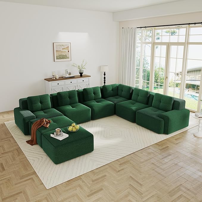 Corner Boneless Couch Modular Sectional Sofa Modern 8-Seater C Shaped Sectional Couches for Living Room with Deep Seat and Ottoman Oversized Comfy Corduroy Cloud Couch Sleeper Sofa Green