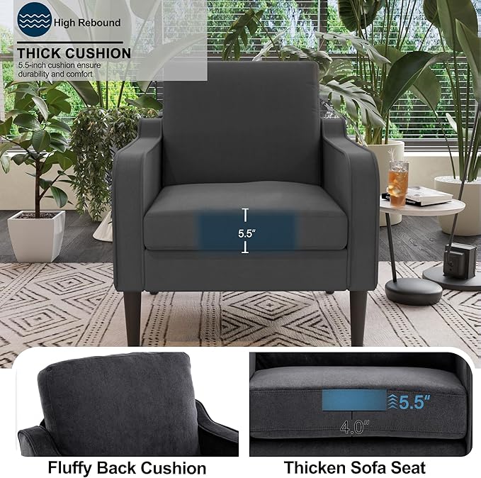 Grey Accent Chair Set of 2 - Upholstered Armchair with Side Pockets Comfy Living Room Arm Chair Reading Accent Chairs for Bedroom Living Room Apartment Office