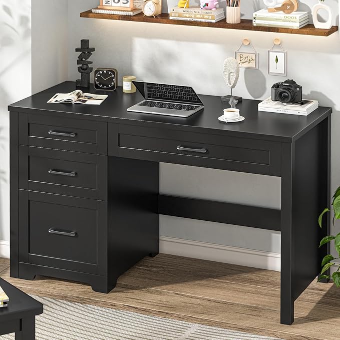 Vabches Farmhouse 47 Executive Desk with File Drawer Workstation for Home Office Study WritingWood Computer Desk with 3 Storage Drawers.(Black