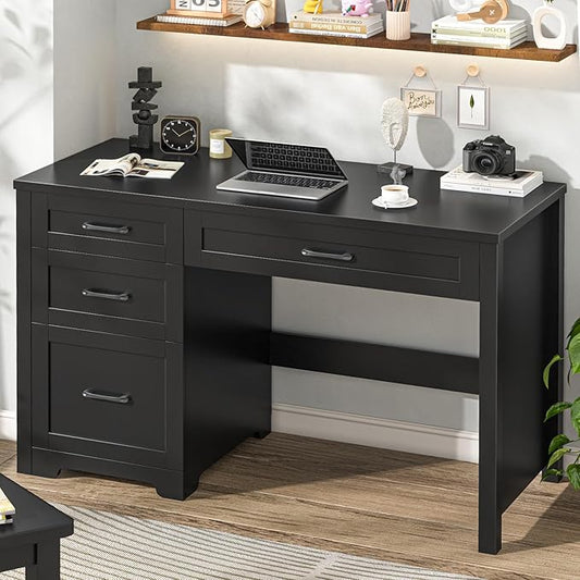 Vabches Farmhouse 47 Executive Desk with File Drawer Workstation for Home Office Study WritingWood Computer Desk with 3 Storage Drawers.(Black
