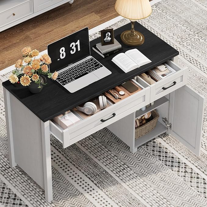 Farmhouse 47 Executive Desk Computer Desk with Drawers and Storage Cabinet Workstation Computer Desk for Home Office and Study(Black