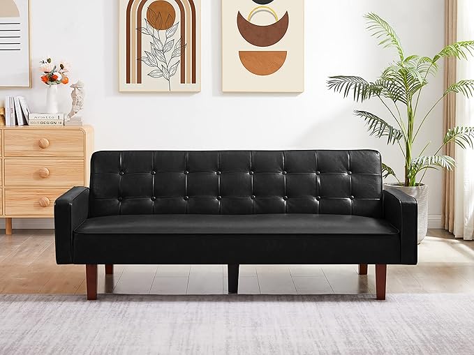 74.4 Faux Leather Couch Bed Sofa Bed Small Space Sleeper Couch with Adjustable Backrest Mid Century Modern Couches for Small Living Room Office Bedroom Apartment (Black)