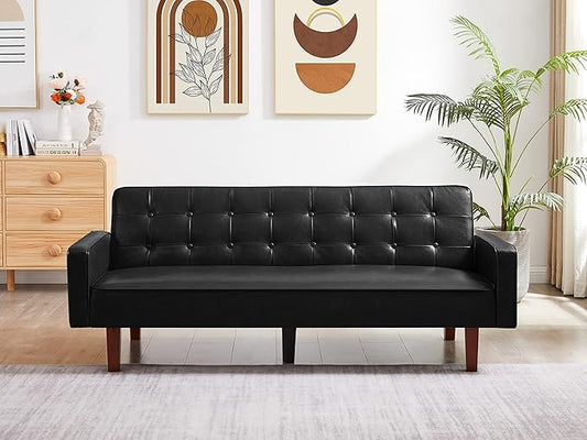 74.4 Faux Leather Couch Bed Sofa Bed Small Space Sleeper Couch with Adjustable Backrest Mid Century Modern Couches for Small Living Room Office Bedroom Apartment (Black)